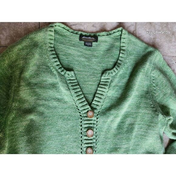 S38 Eddie Bauer Heather Green 1/2 button V-neck sweater long sleeve Size XL - Picture 2 of 9